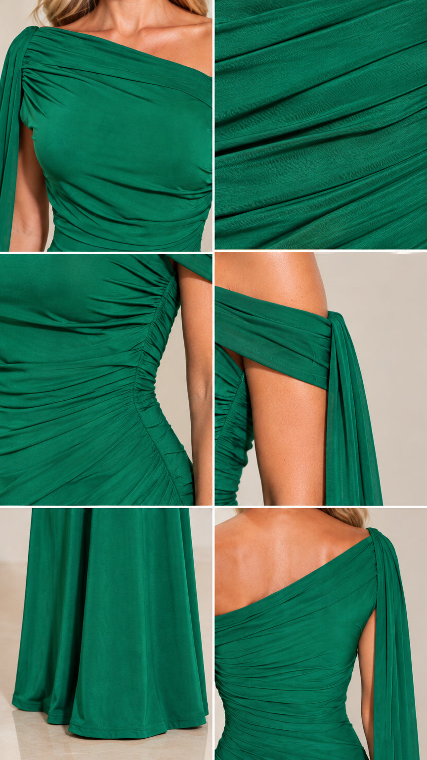 Detailed close-up collage of neckline, ruched fabric, hemline, and draped sleeve construction
