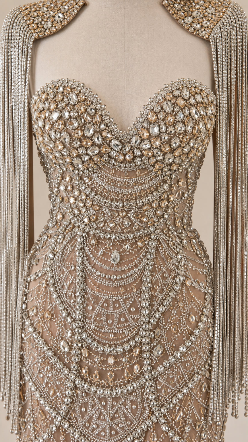 Close-up detail of rhinestone and crystal bead embellishments on sweetheart neckline and capelet fringe