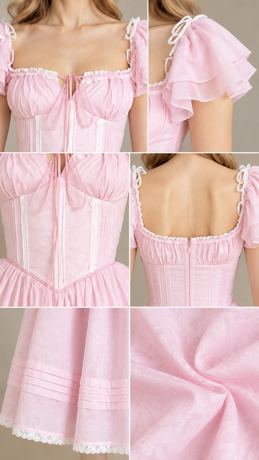 Close-up details of pink corset bodice, flutter sleeves, and lace hem