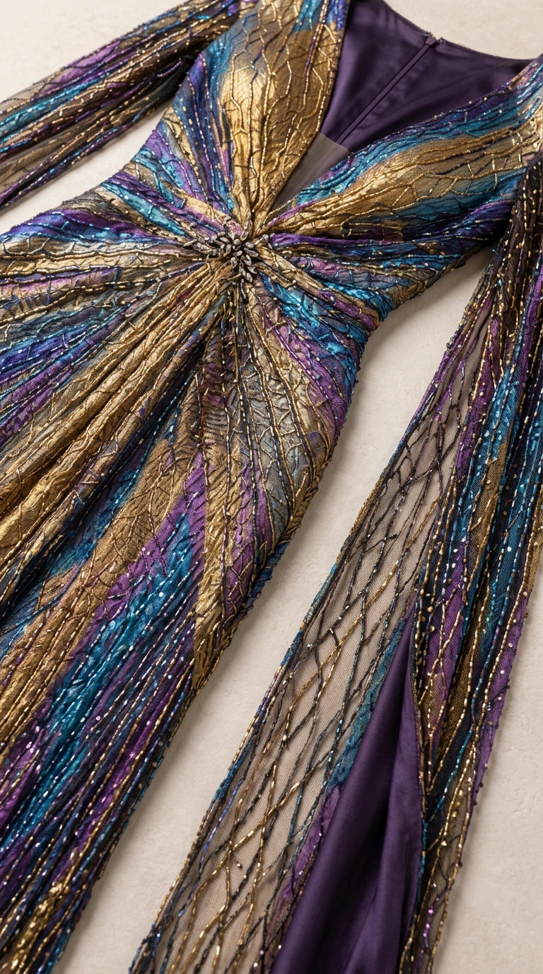 Close-up flat lay of multi-tonal sequin plissé texture, waist gathering, and inner lining detail