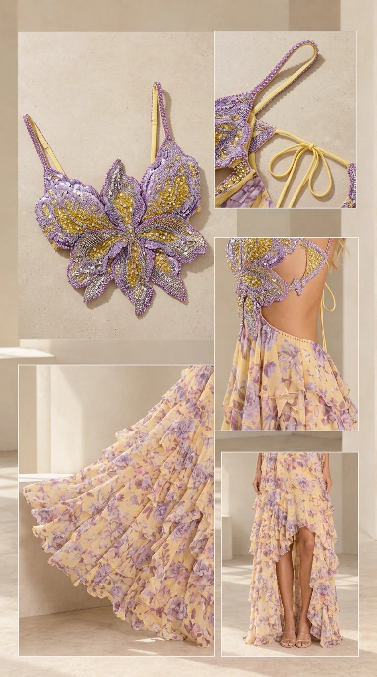 Detailed close-up collages of beaded butterfly bodice, lace-up straps, side cutout, and ruffles