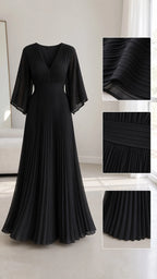 Product flat lay and texture details of the black pleated V-neck gown