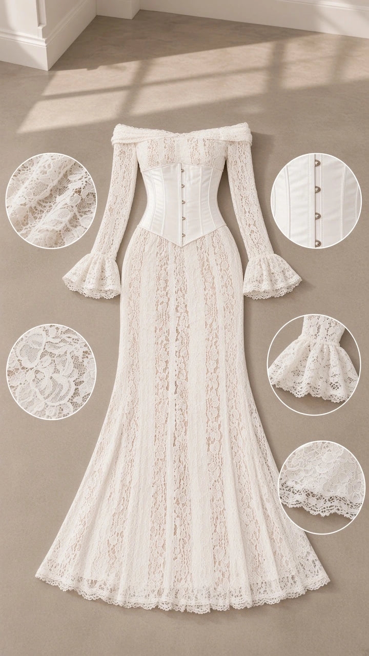 Flat lay and fabric detail close-ups of white floral lace corset maxi dress