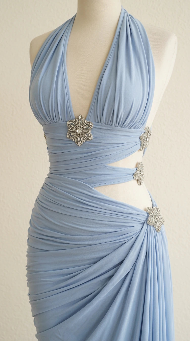 Close-up mannequin view of light blue gown showing ruched halter bodice and crystal floral accents