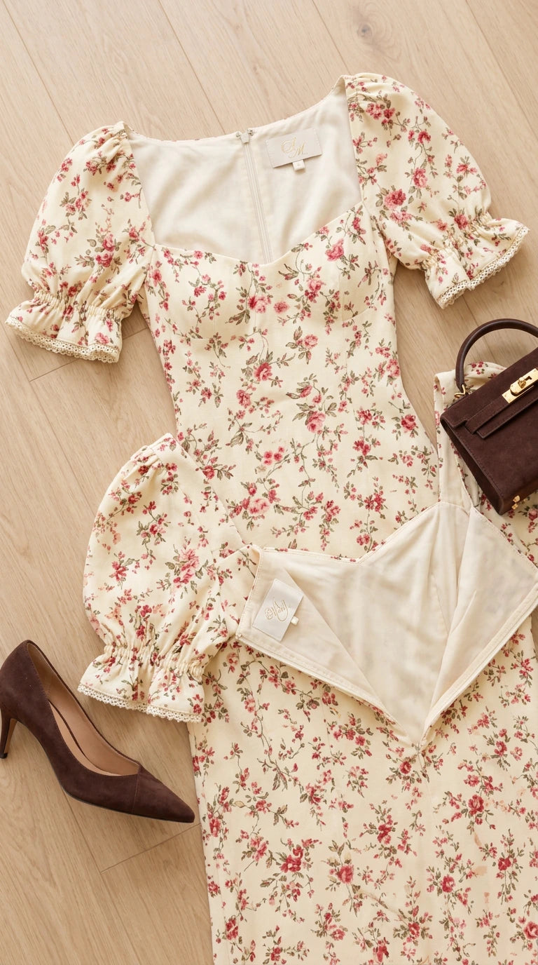 Flat lay detail of cream floral dress with sweetheart neck, lining, and sleeve trim
