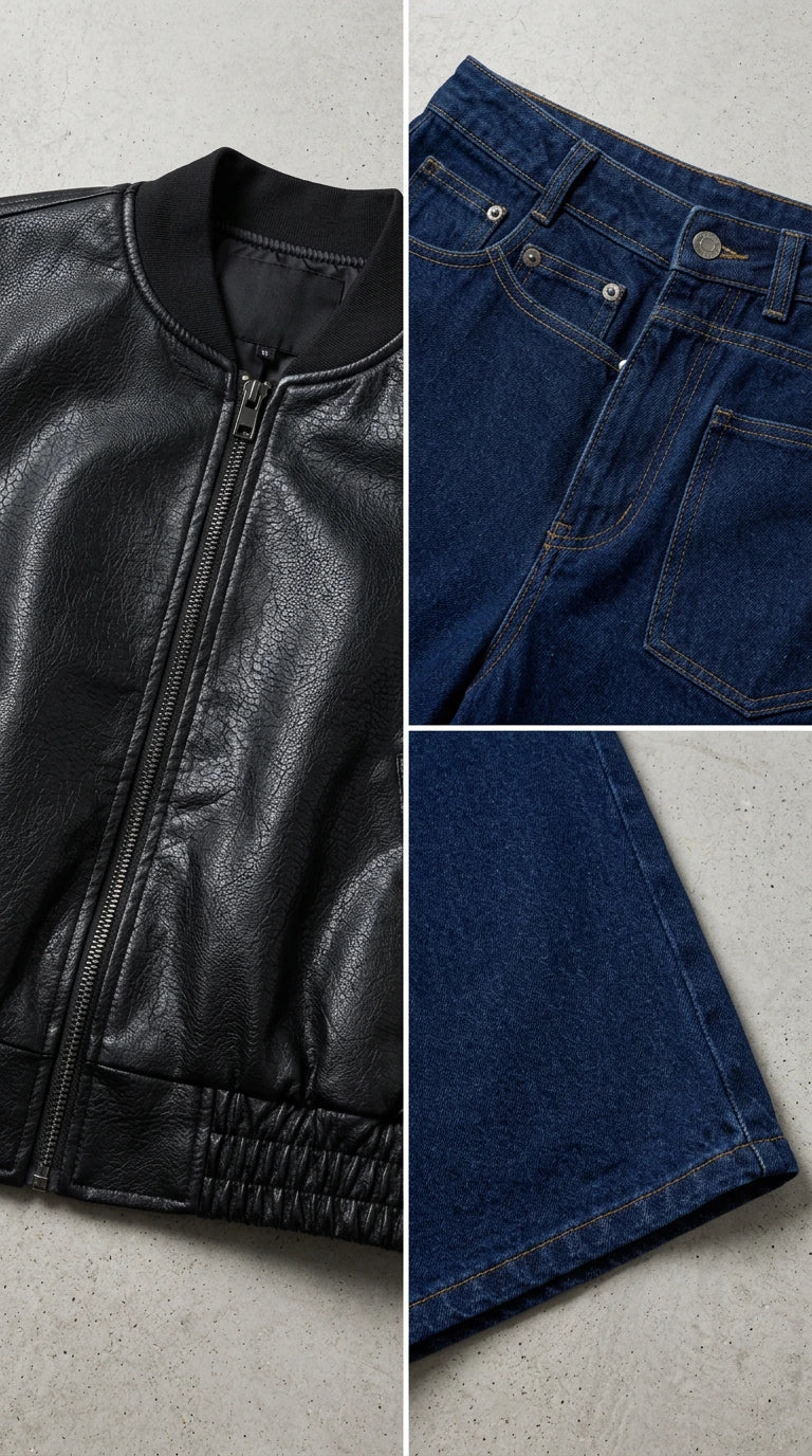 Close-up flat lay details of black faux leather bomber jacket and denim pants fabric