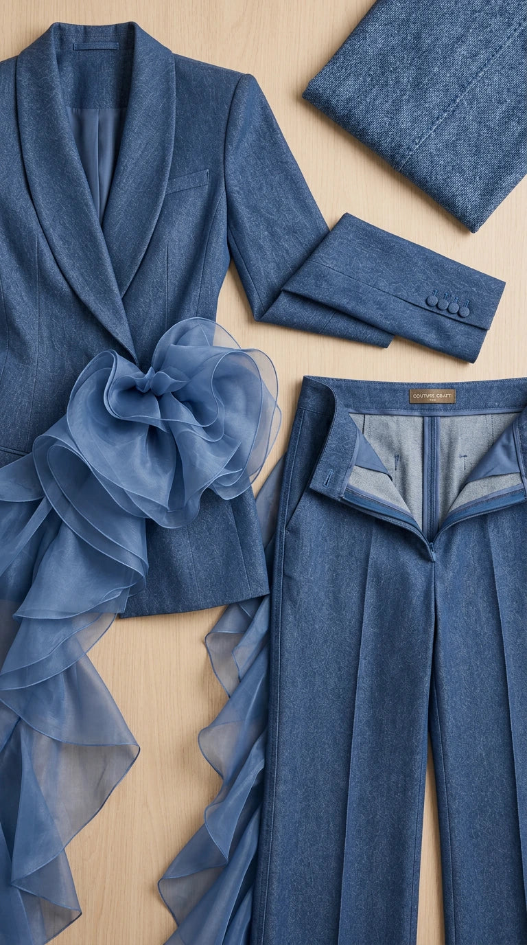 Flat lay detail of dusty blue suit jacket with sheer ruffle rosette and tailored trousers