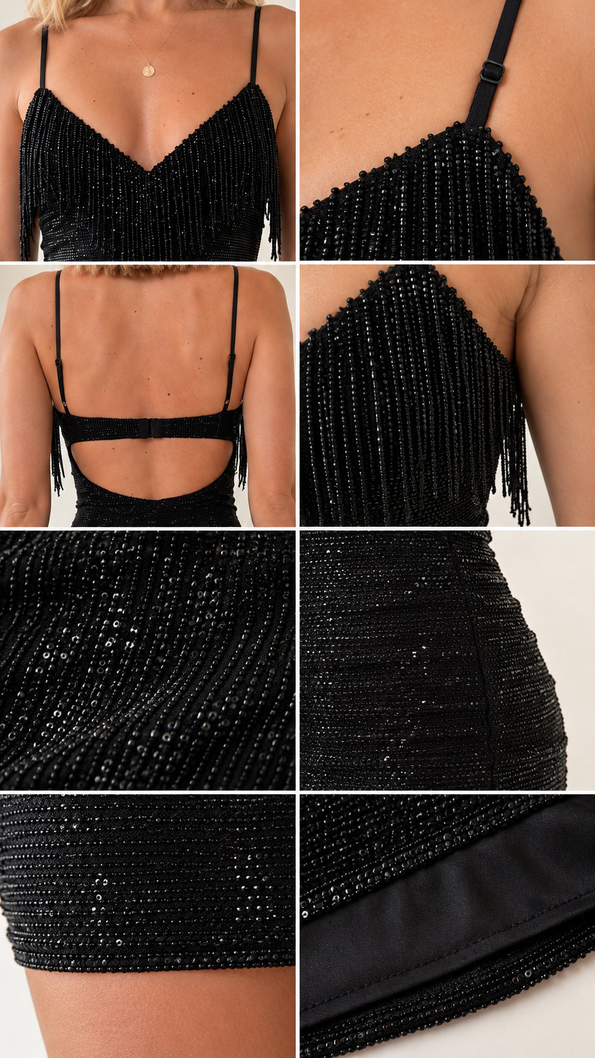 Close-up details of black fringe neckline, straps, and inner lining