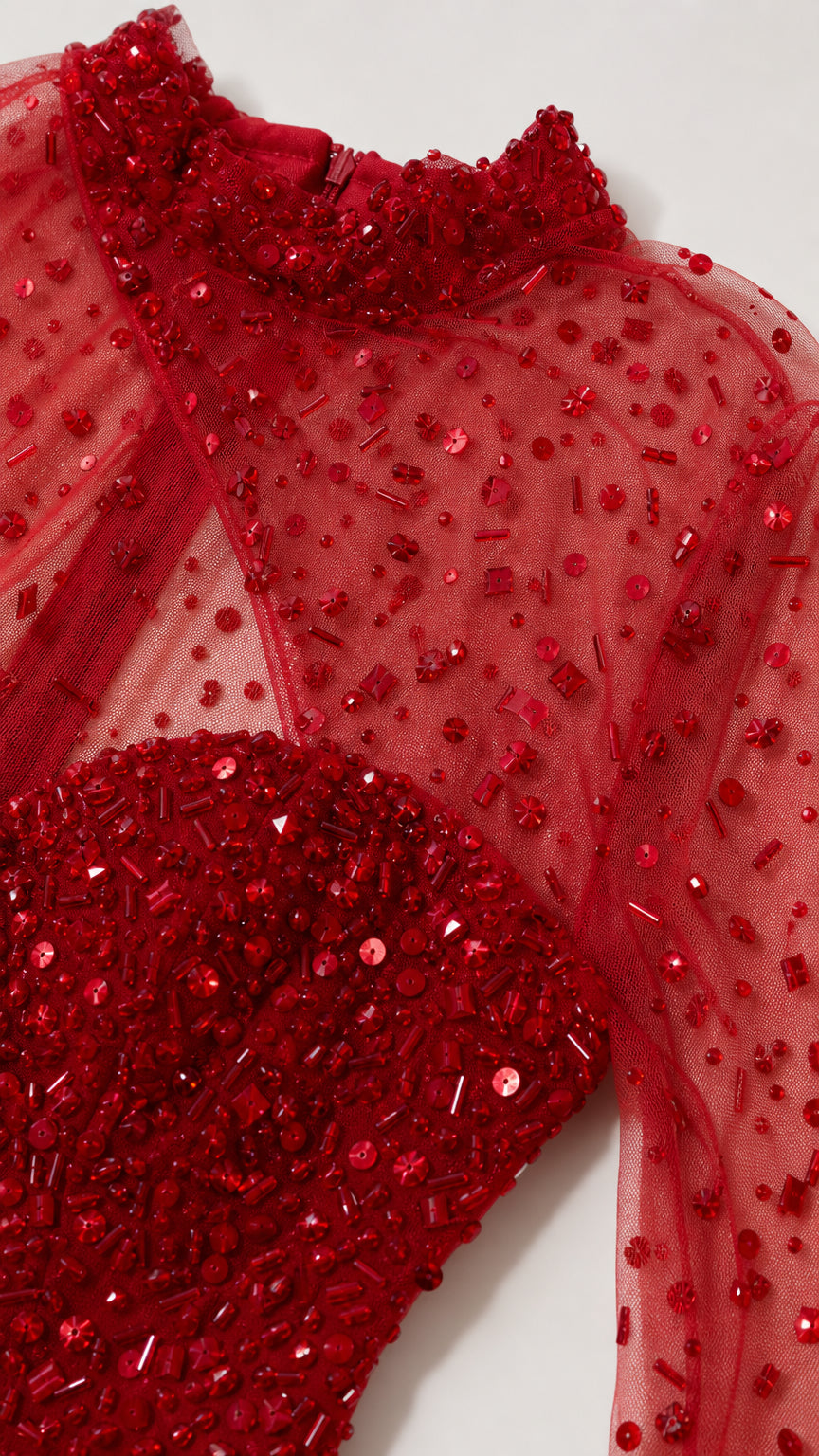 Close-up detail of beaded neckline and sequin embellishments on red sheer mesh
