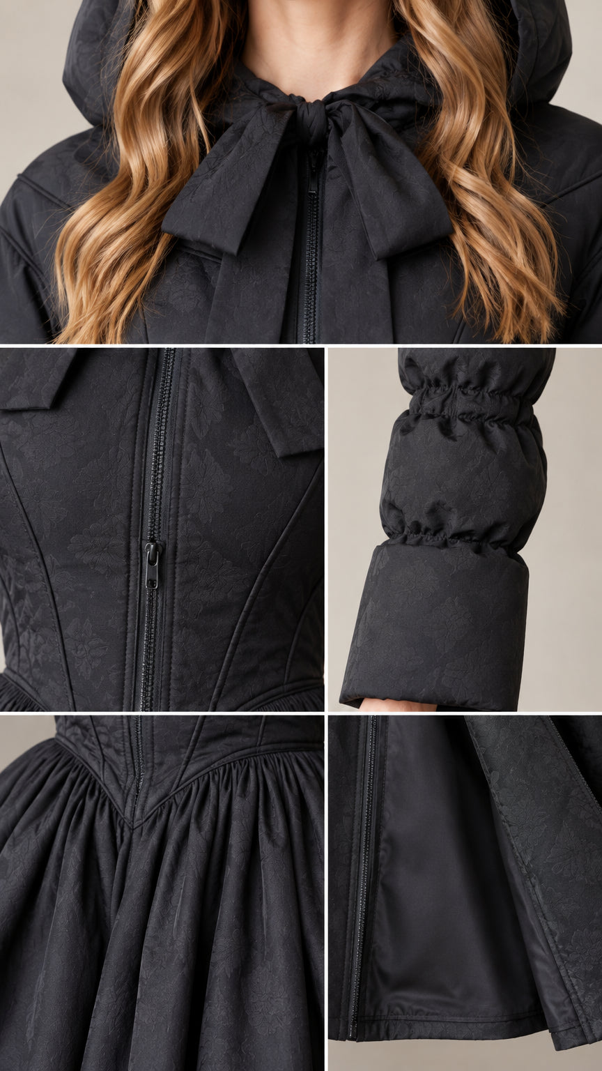Detailed close-ups of neckline bow, front zipper, quilted sleeve cuff, and waist gathers on black coat
