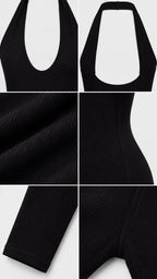 Close-up detail shots of neckline, back, ribbed fabric texture, and ankle cuffs on black jumpsuit