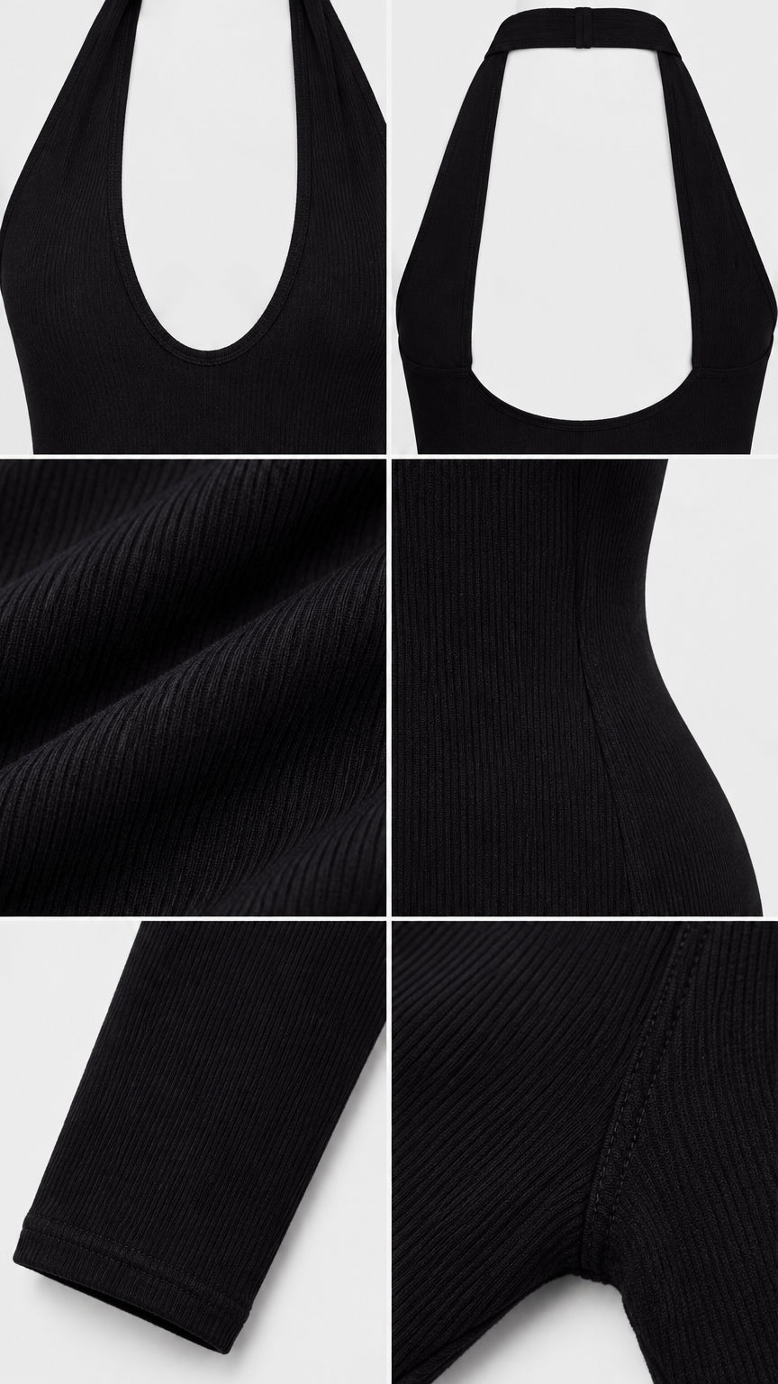 Close-up detail shots of neckline, back, ribbed fabric texture, and ankle cuffs on black jumpsuit