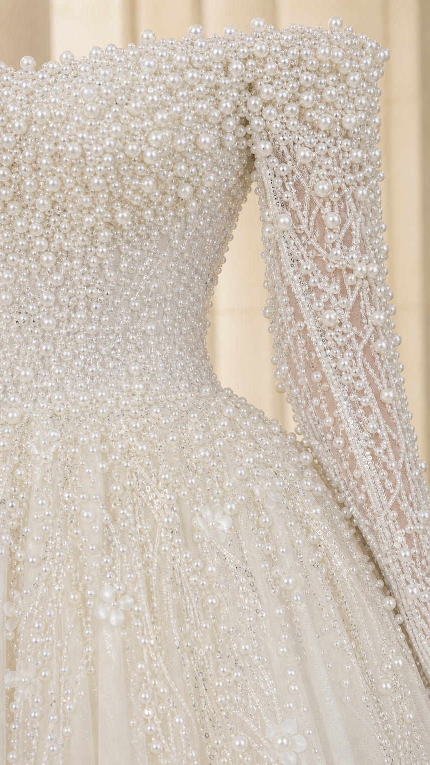 Close-up detail of dense faux pearl and crystal bead embellishments on sleeve and bodice