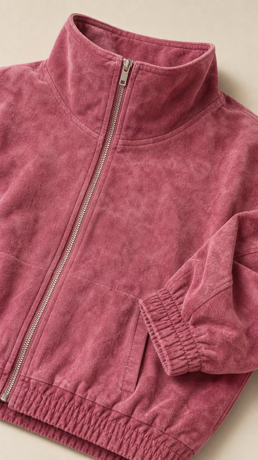 Close-up detail of dusty rose plush textured jacket showing front zipper and elastic cuff