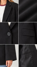 Close-up details of the black blazer showing the notched lapel, woven fabric texture, front button, flap pocket, sleeve cuff, and inner lining