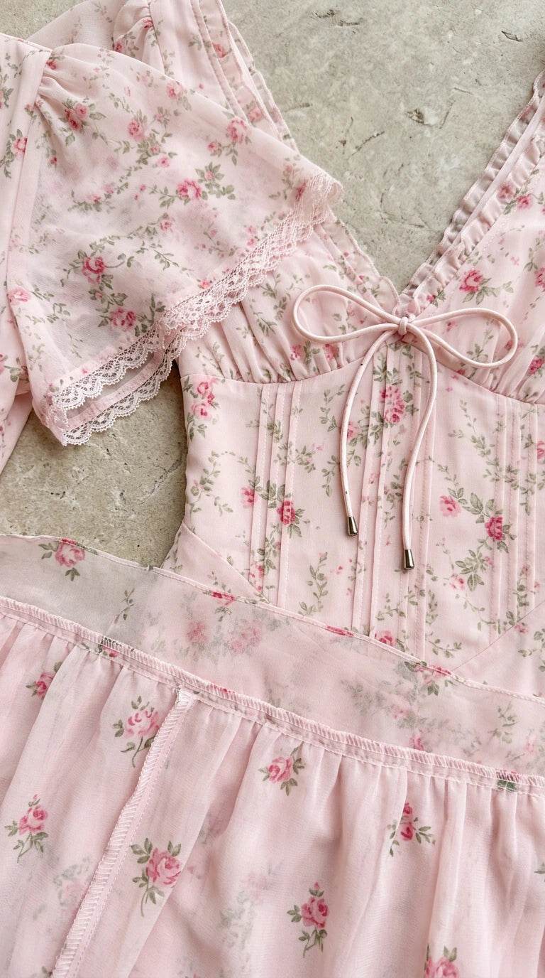Close-up detail of lace trim neckline, front tie, and pleated waist construction