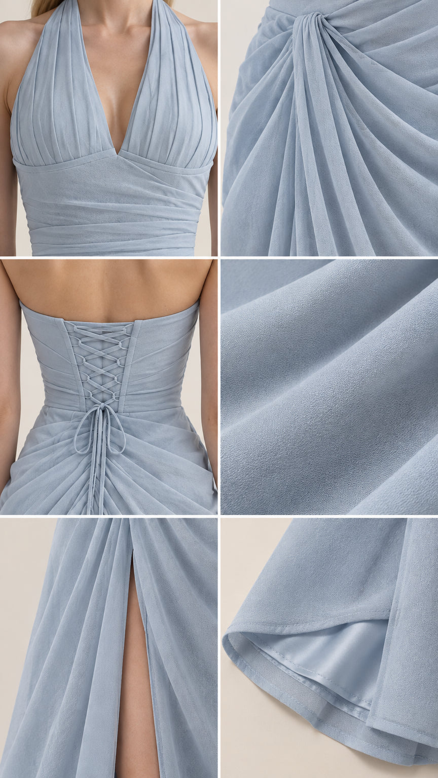 Close-up collage of dusty blue gown details including bodice pleating, hip drape, corset ties, fabric texture, and slit hem