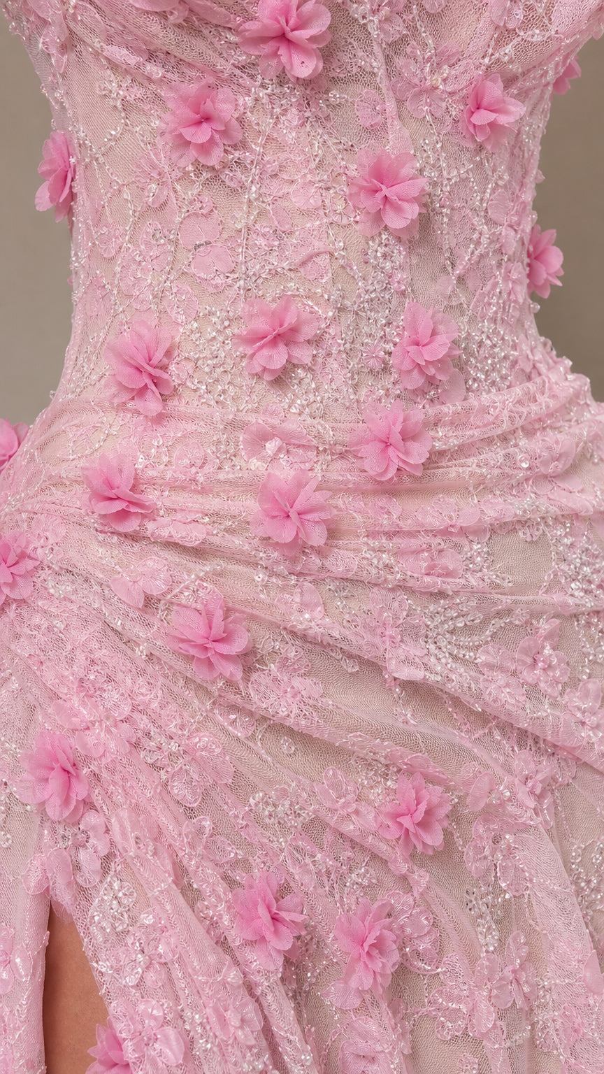 Close-up detail of 3D pink floral appliqués and delicate lace texture