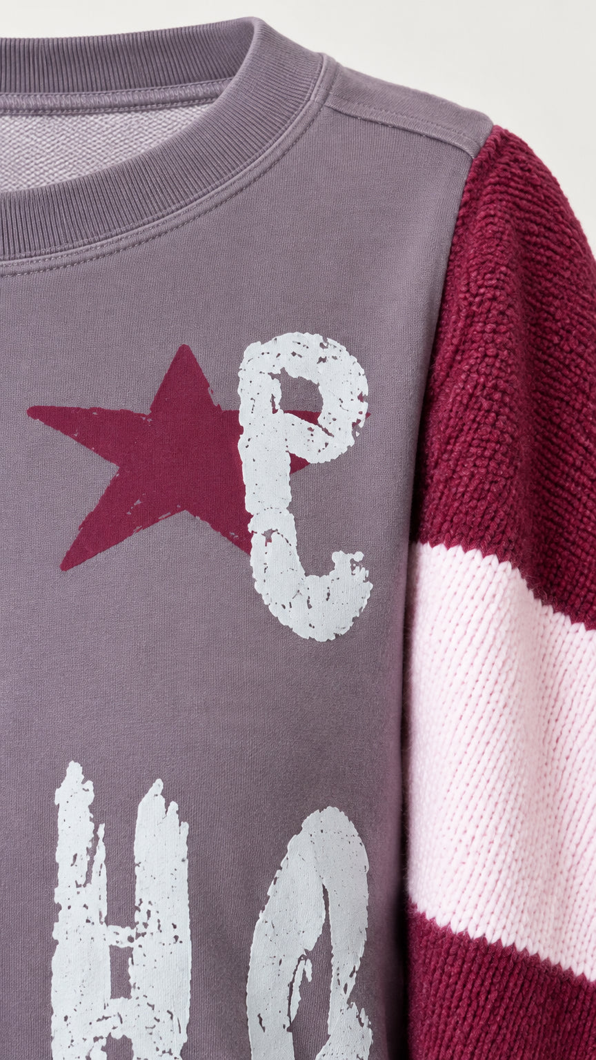 Close-up detail of ribbed crewneck collar and distressed star graphic print on purple top