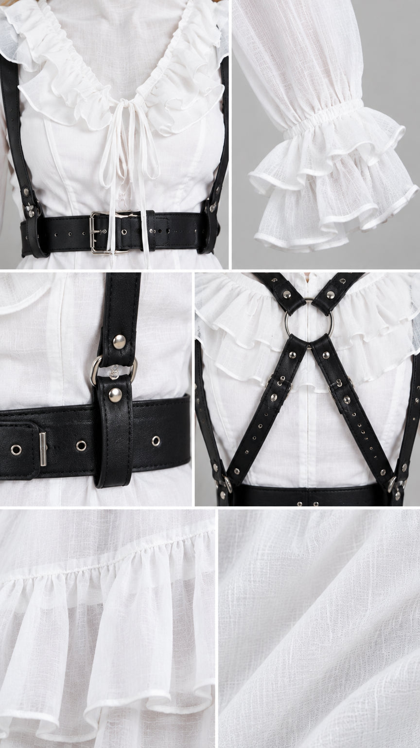 Close-up details of ruffled neckline, tie closure, flared cuff, harness buckles, and textured fabric