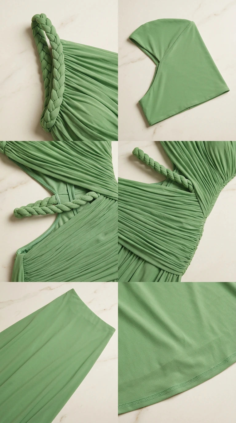 Detailed close-up collage of braided trim, ruched bodice, waist cutout, and pleated skirt hem