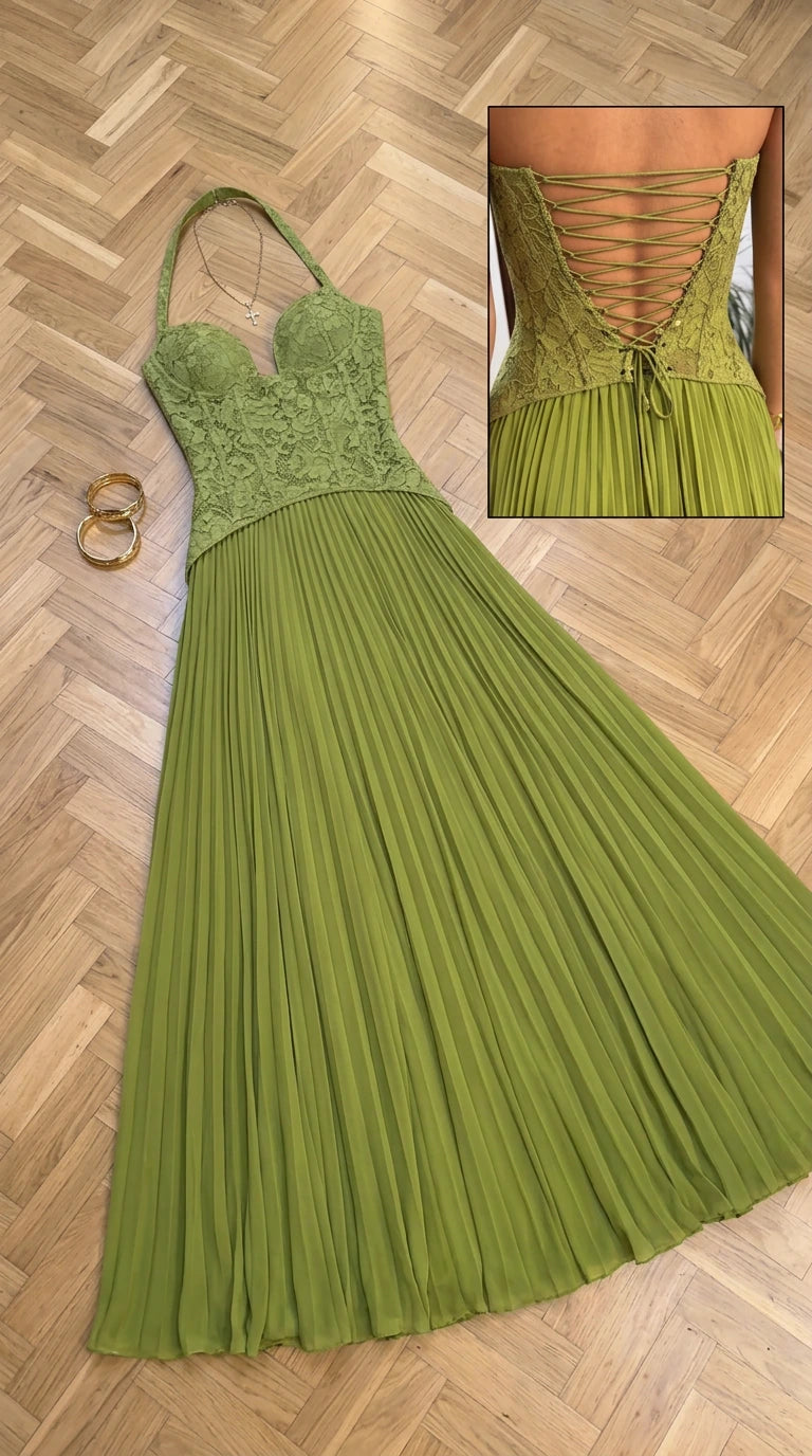 Flat lay and close-up detail of olive green pleated halter dress with lace bodice