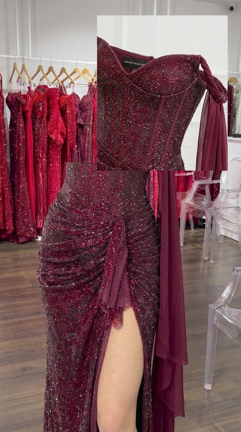 Close-up detail of structured sweetheart corset bodice and cascading ruched gathering with glitter finish