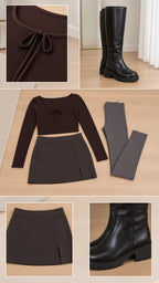Flat lay collage showing brown ribbed tie top, dark mini skirt, tights, and black tall boots
