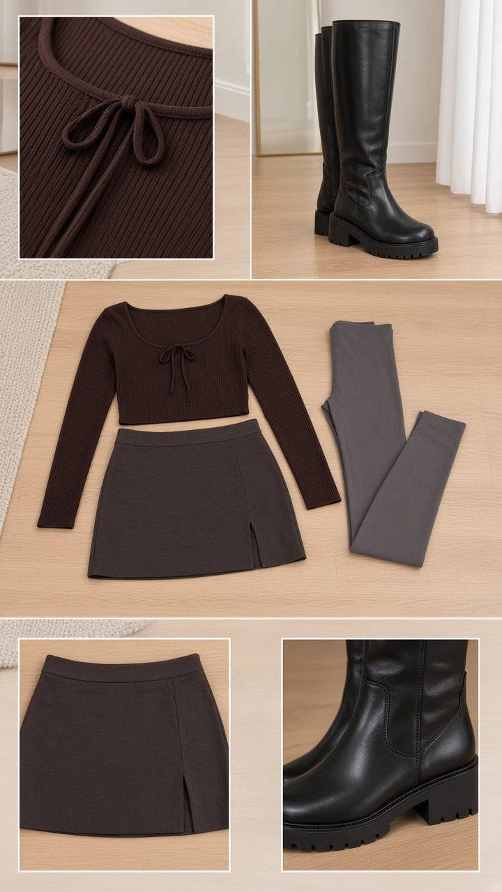 Flat lay collage showing brown ribbed tie top, dark mini skirt, tights, and black tall boots
