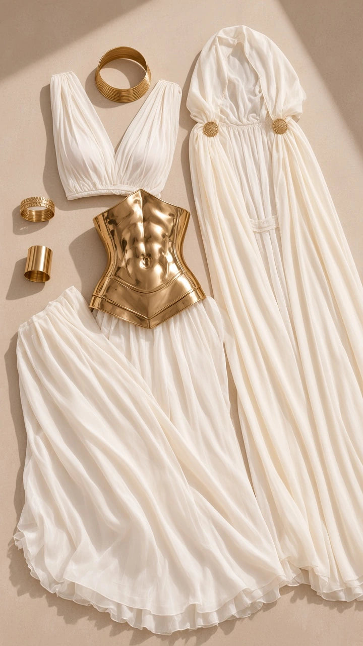 Flat lay view of the multi-piece goddess set including top, skirt, cape, gold corset, and jewelry