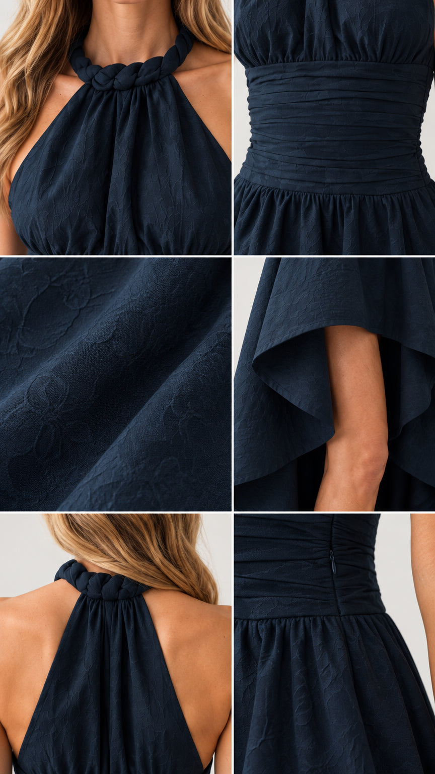 Close-up detail shots showing braided neckline, ruched waistband, and textured fabric