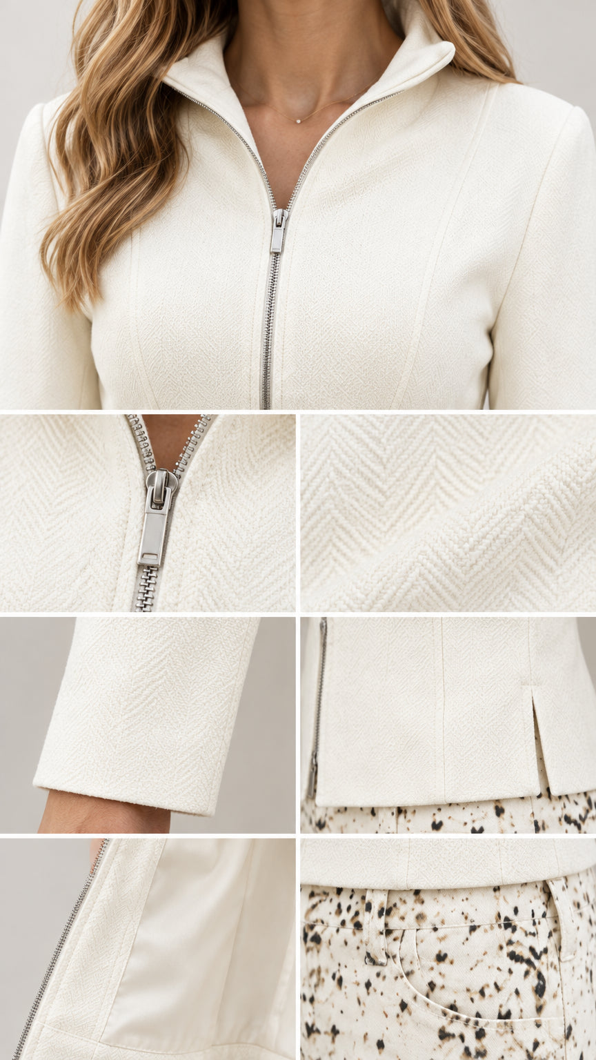 Close-up details of off-white jacket texture, zipper, cuffs, and speckled trousers fabric