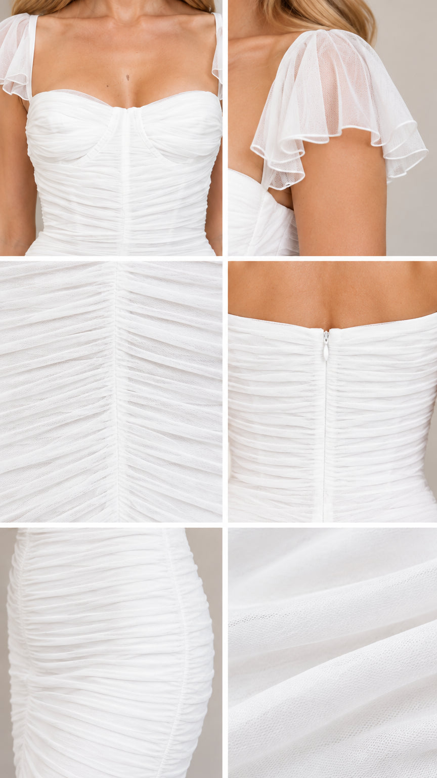 Close-up details of white dress showing sweetheart bustier, flutter sleeve, and ruched texture
