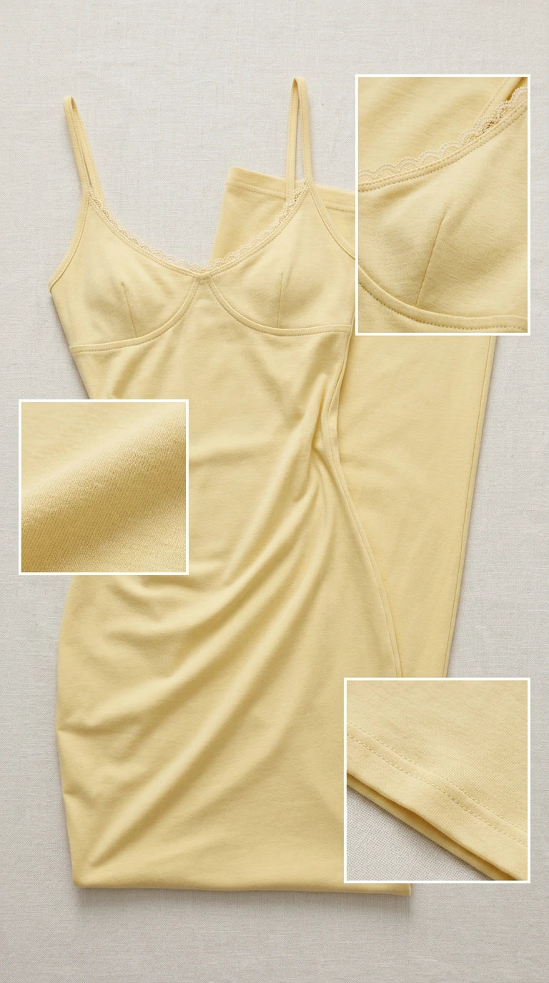 Close-up flat lay details of Butter Yellow dress showing lace neckline and fabric texture