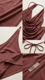 Close-up detail shots showing cowl neckline, back tie cord, and fabric texture