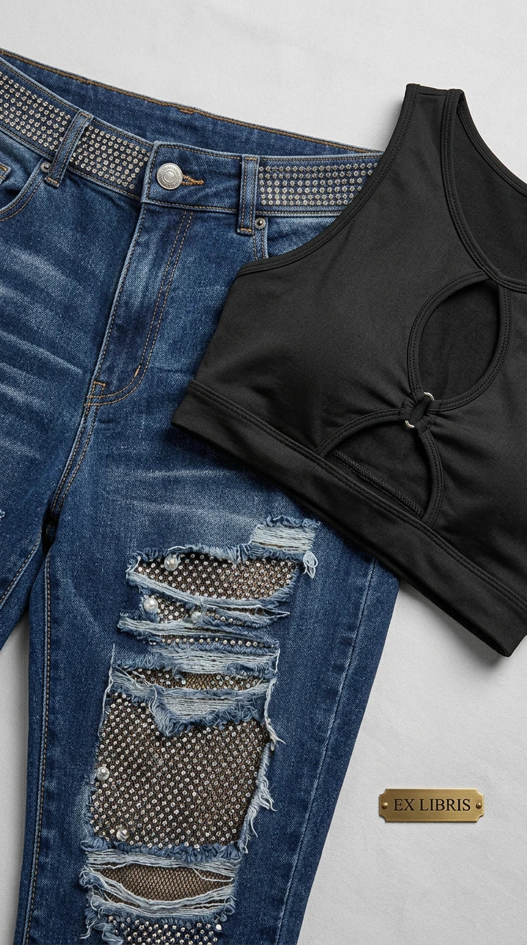 Flat lay close-up of blue distressed jeans with rhinestone backing and black keyhole crop top