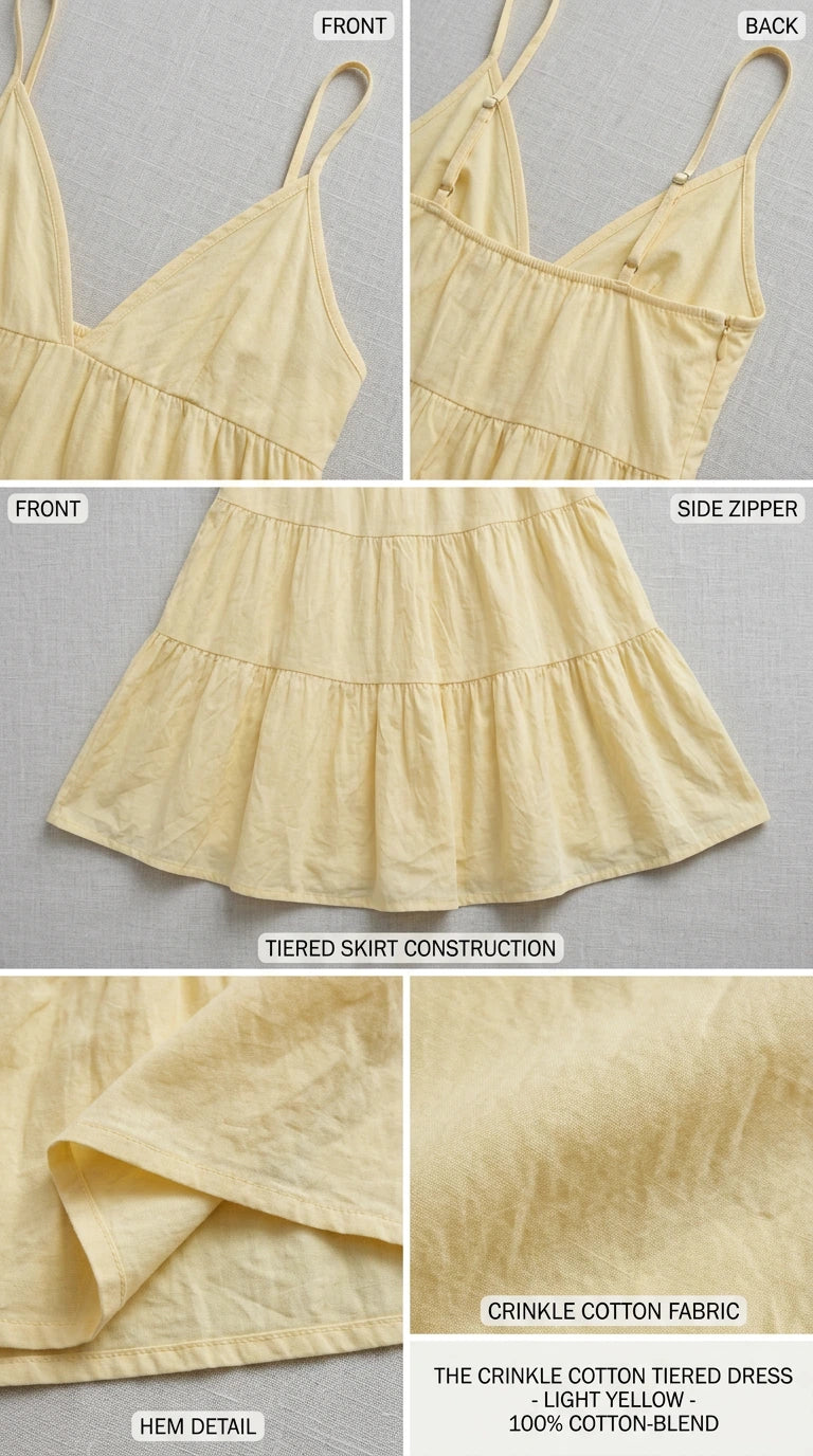 Detail photo collage showing straps, side zipper, tiered construction, hem, and crinkle cotton fabric texture