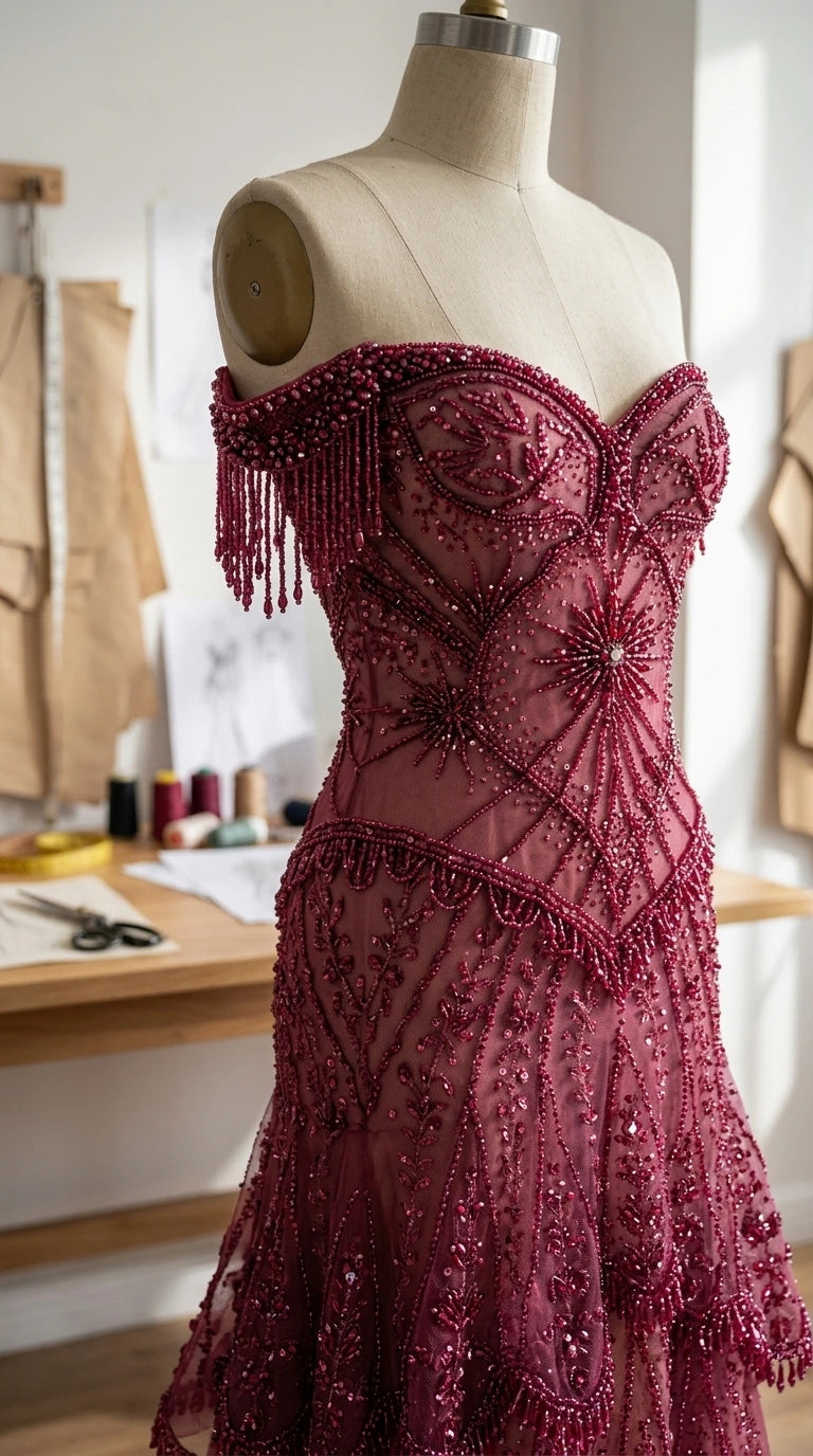 Close-up mannequin view showing intricate beadwork and fringe sleeves on burgundy bodice