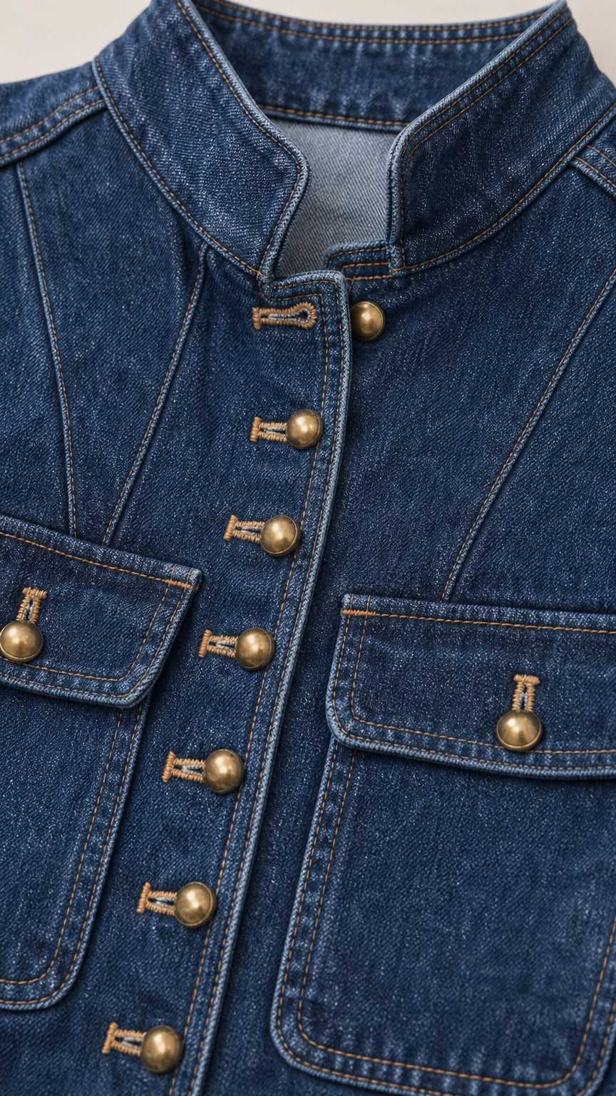 Close-up detail of mandarin stand collar and antique brass dome buttons with frogging loops