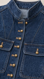 Close-up detail of mandarin stand collar and antique brass dome buttons with frogging loops