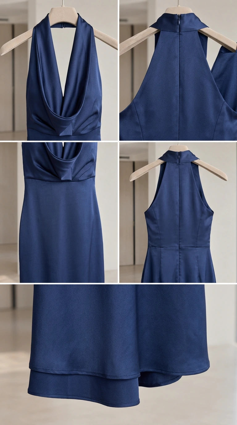 Close-up details of Navy Blue cowl halter gown neckline, back zipper, and hem