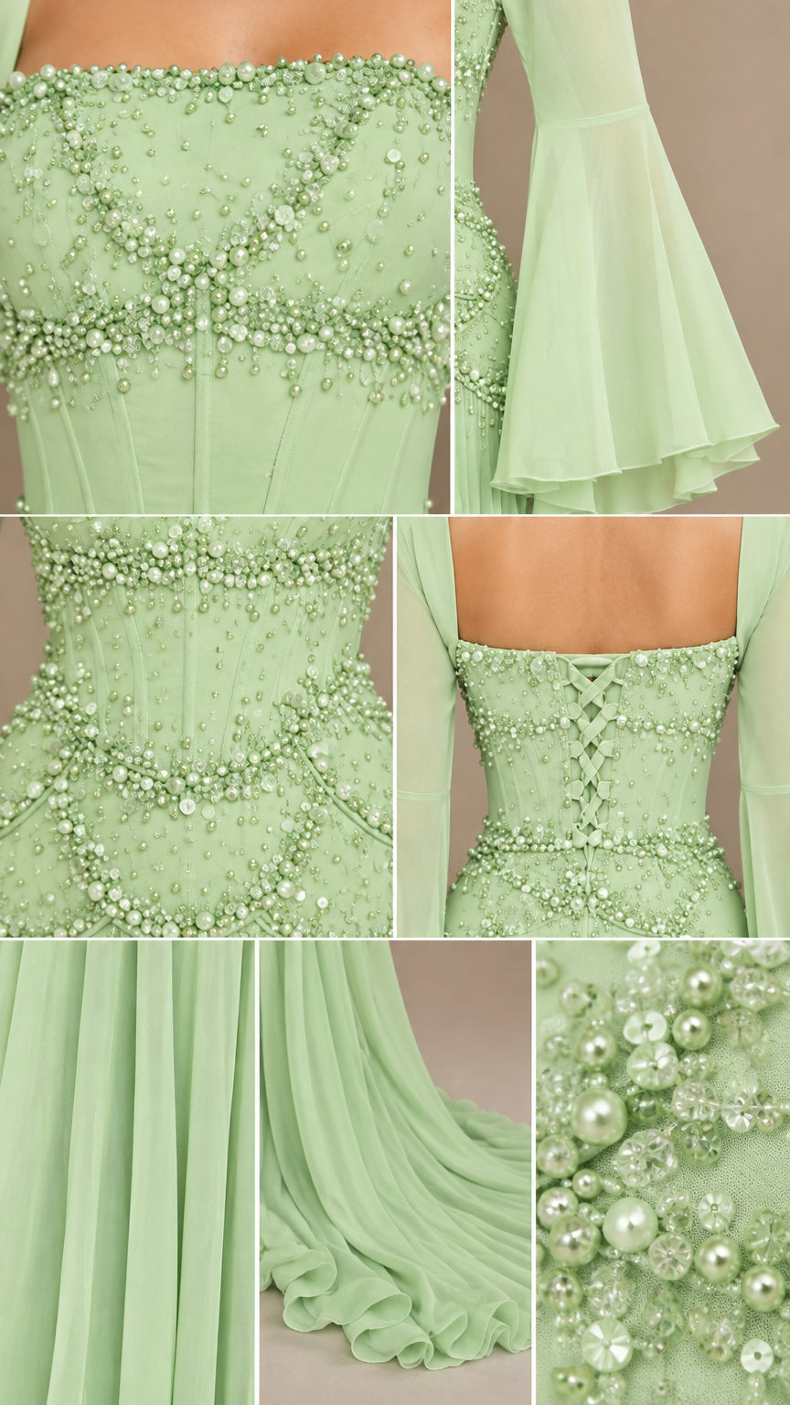 Detailed close-ups of beaded pearl bodice, bell sleeves, and lace-up back closure