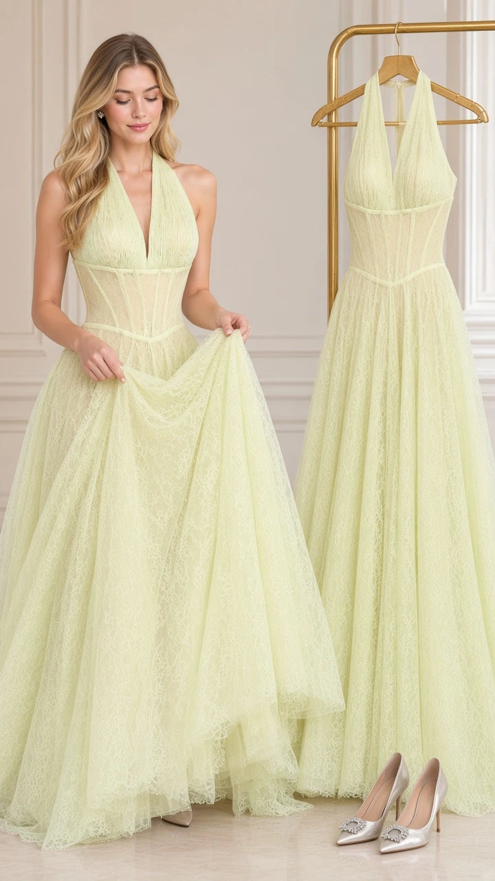 Model holding skirt of light yellow lace evening gown next to dress on rack