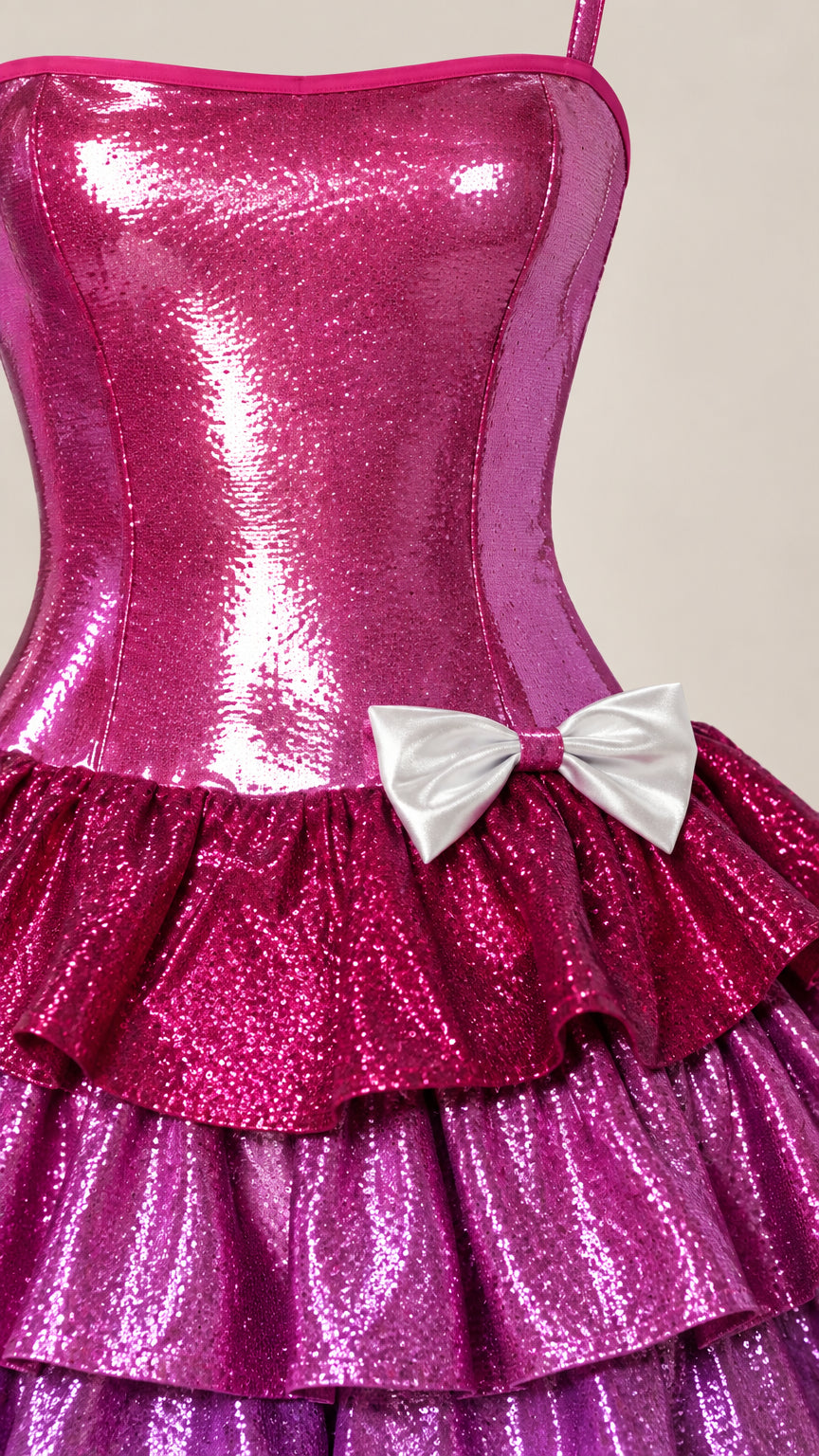 Close-up detail of glossy pink bodice with silver bow and tiered ruffles