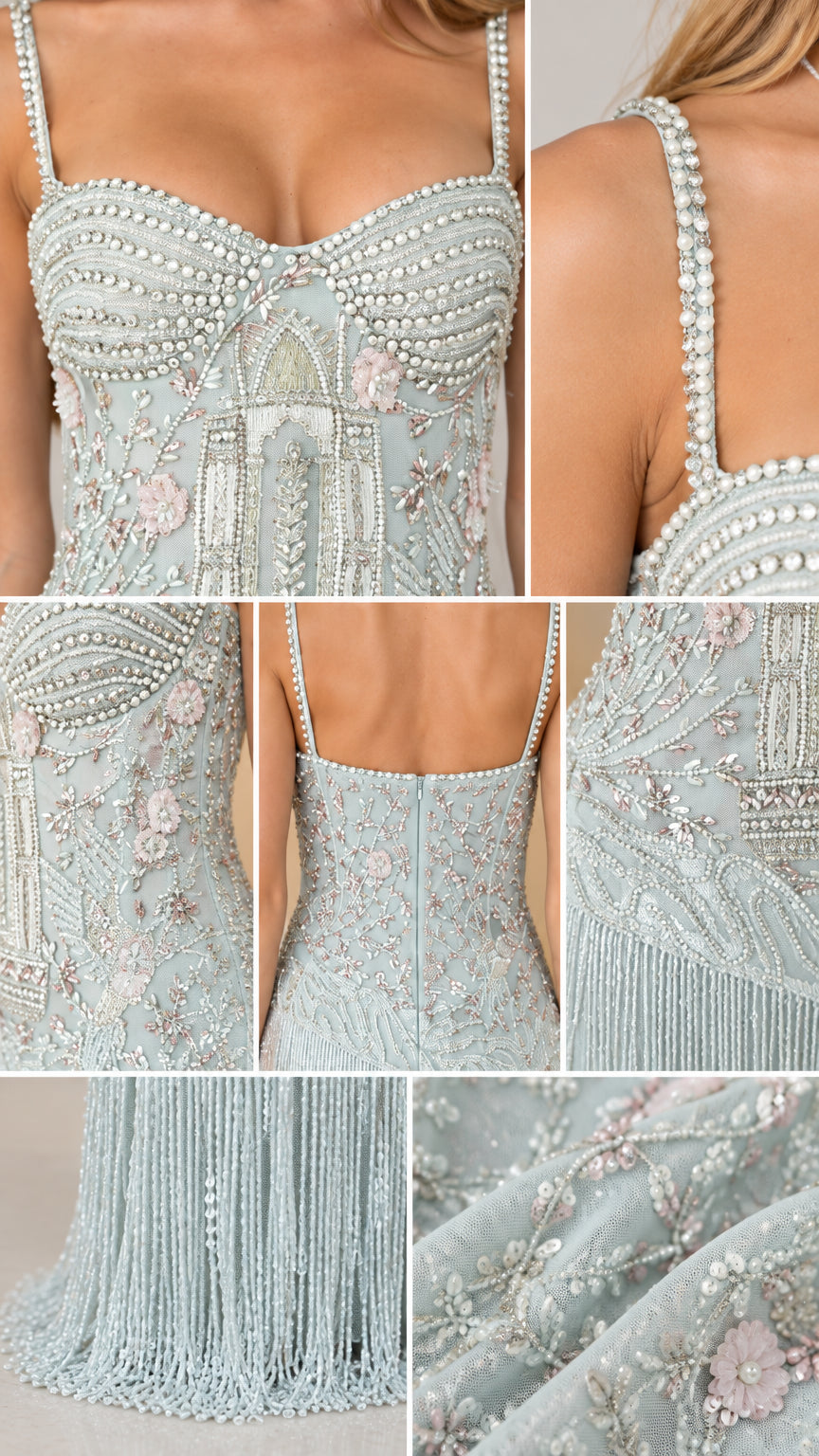 Close-up details of intricate beadwork, sweetheart neckline, and fringe hem on Ice Blue gown