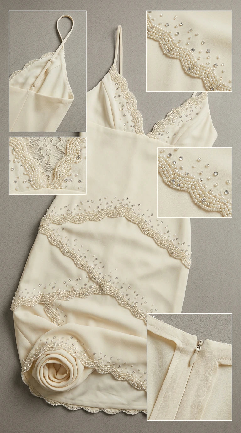 Close-up details of scalloped pearl beading, straps, and zipper closure on the Ivory gown