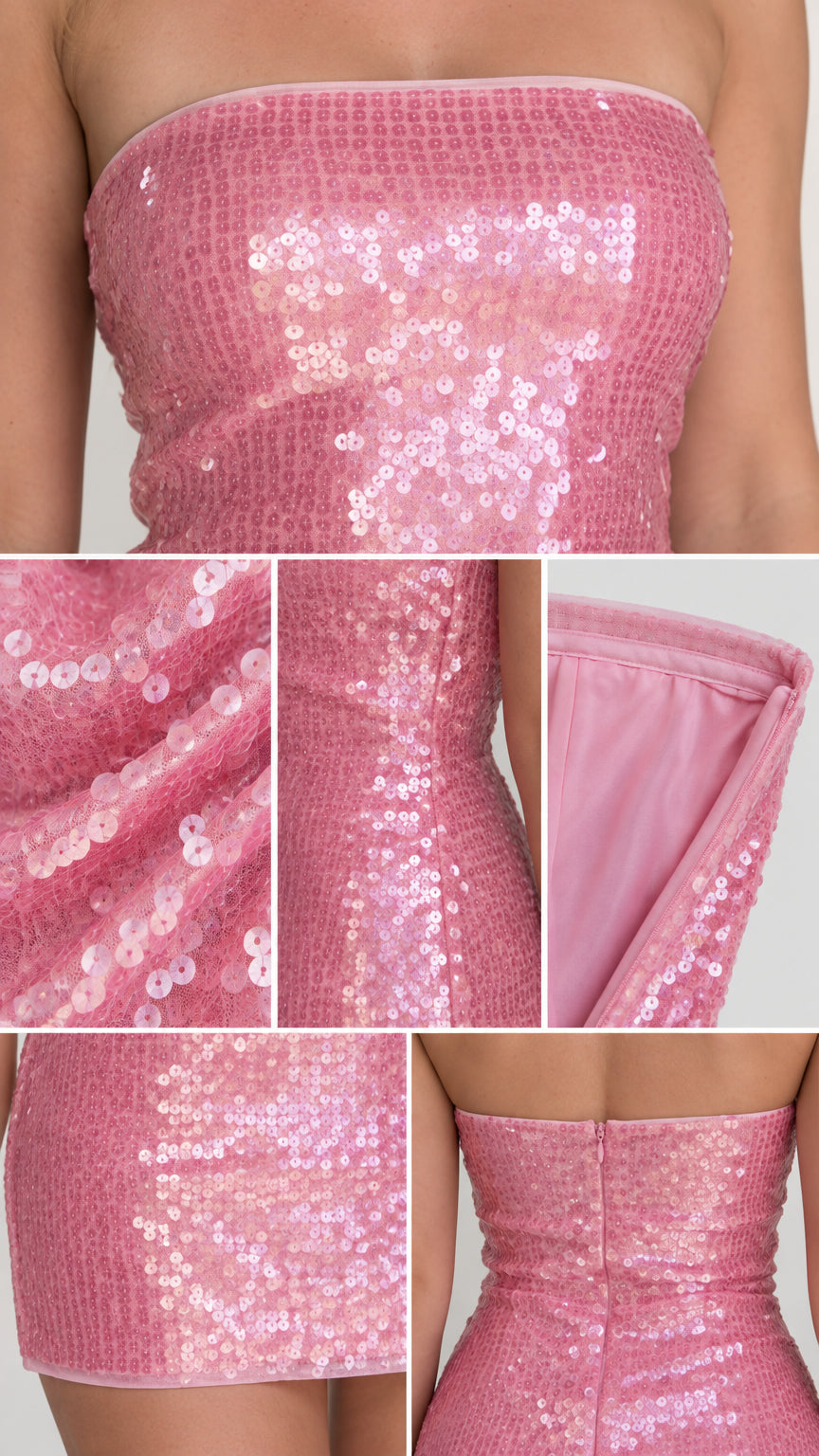 Detailed close-up collage of pink sequin fabric, bandeau neckline, inner lining, and back zipper