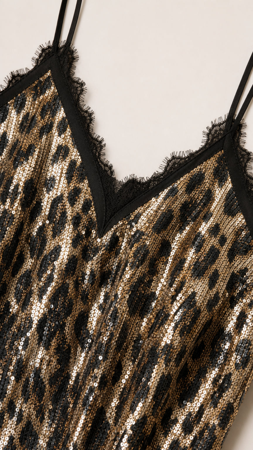 Close-up detail of leopard sequin fabric and black eyelash lace V-neckline