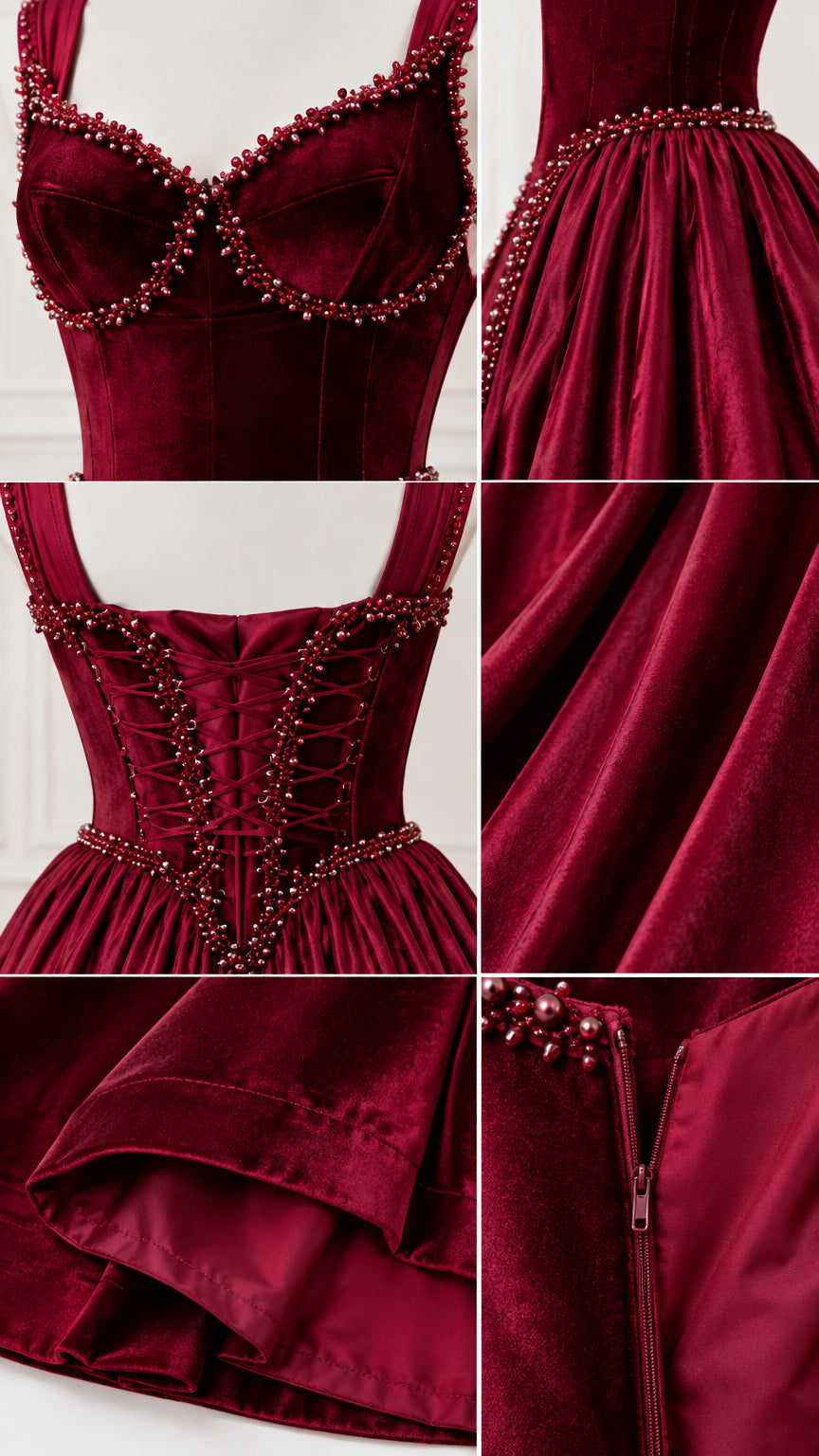 Close-up details of beaded sweetheart neckline, lace-up back, and fabric hem