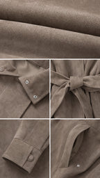 Detailed closeup of faux suede texture, snap buttons, waist tie, cuff, and pocket